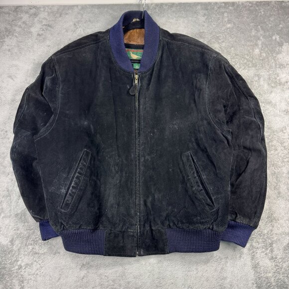 Vintage Field & Stream Mens Suede Leather Bomber Jacket Insulated Black Outdoor - Picture 1 of 10